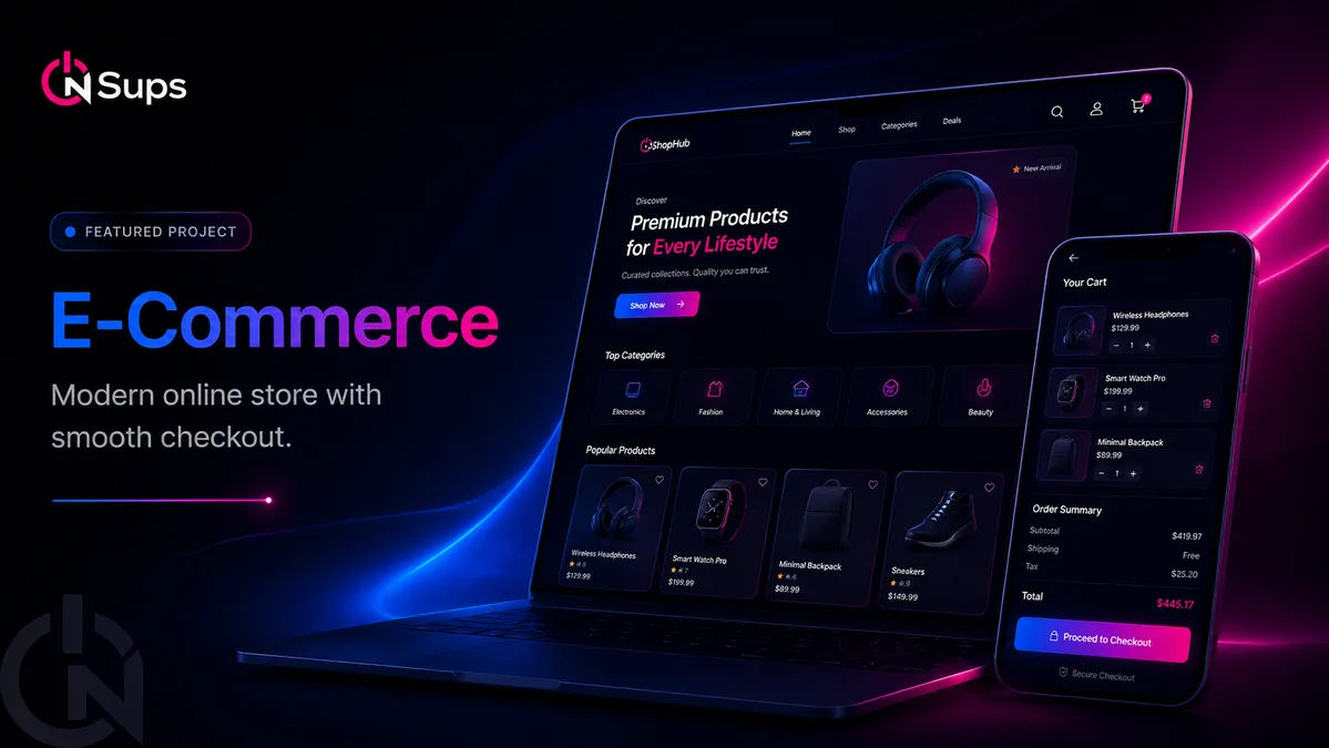E-commerce store interface with product grid and checkout flow.