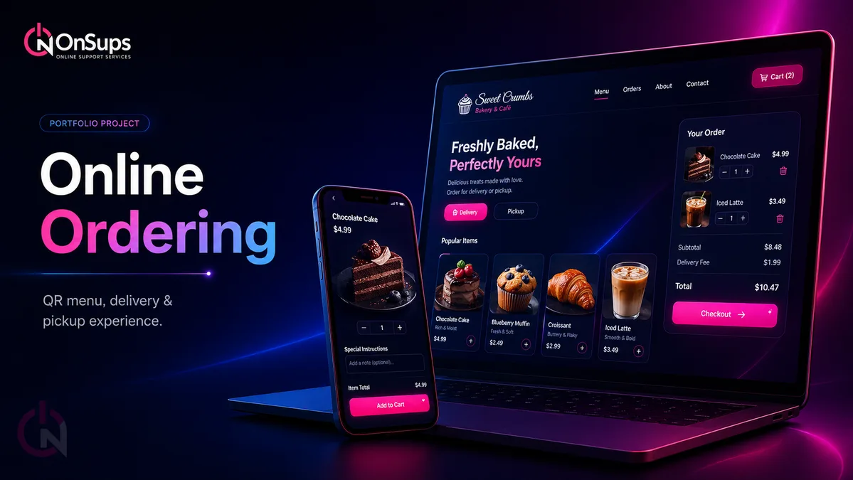 Restaurant ordering UI concept with menu, delivery and pickup flow.